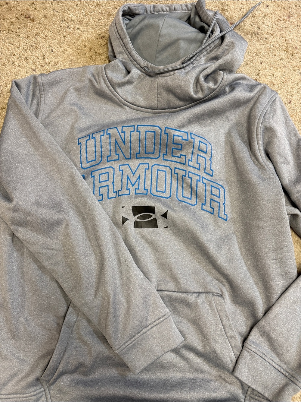 Under Armour Gray Pullover Hoodie with Blue Lettering